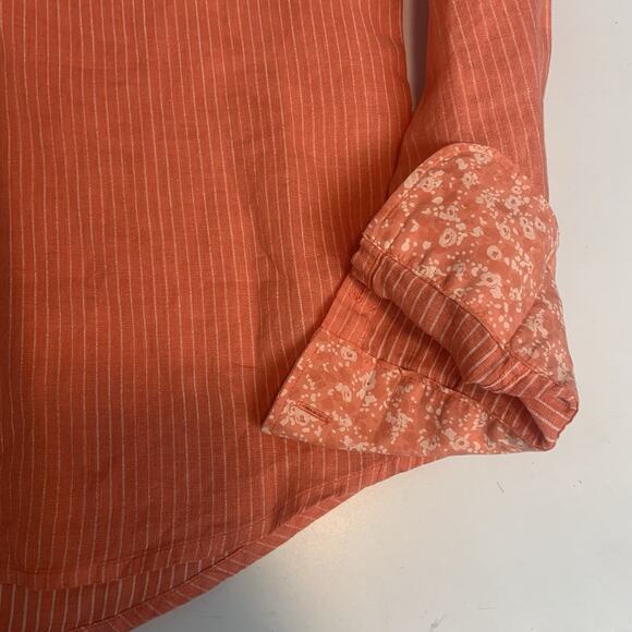 Pauawa Shirt Womens Large Linen Button Down Striped Floral Coastal Beachy Coral - Picture 11 of 11